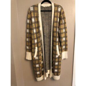 DEX Womens Size XL Open Front Cardigan Sweater Mustard Cream Black Plaid Boho
